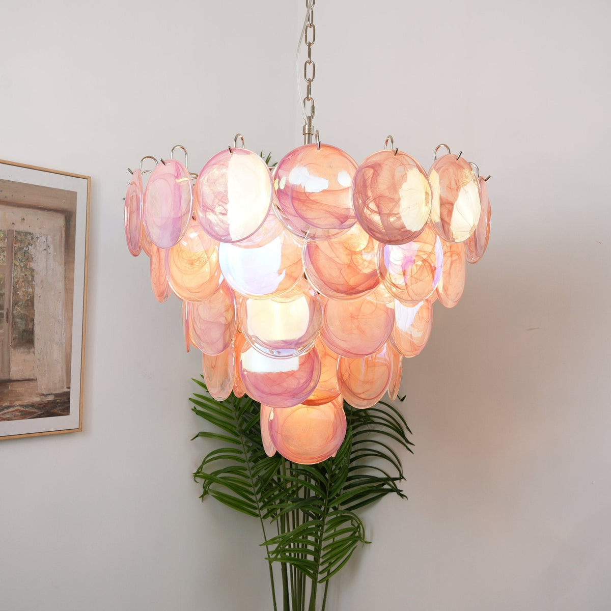 Pink Glass Disc Chandelier | Modern Designer Pendant Light for Dining & Living Rooms