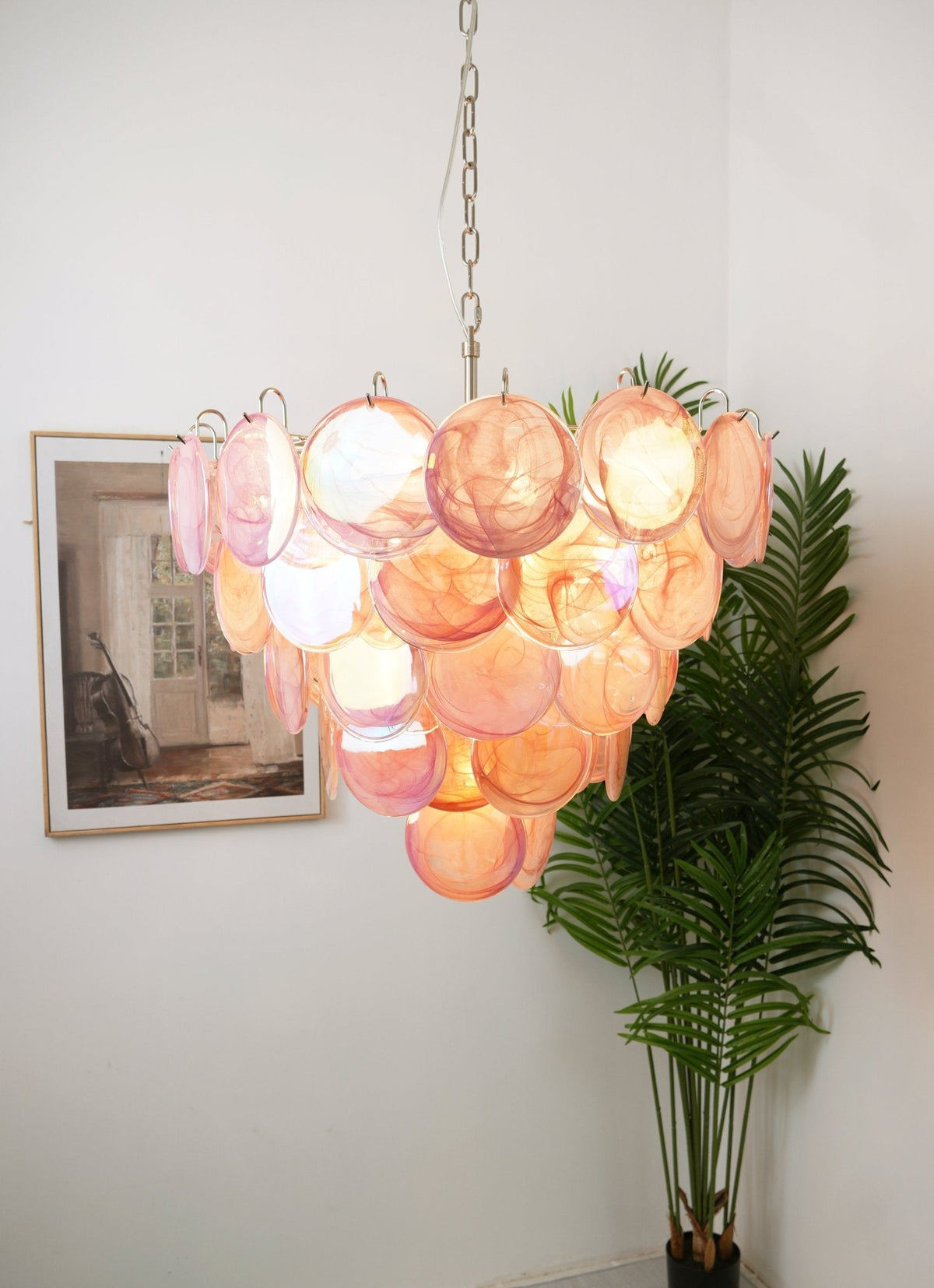 Pink Glass Disc Chandelier | Modern Designer Pendant Light for Dining & Living Rooms