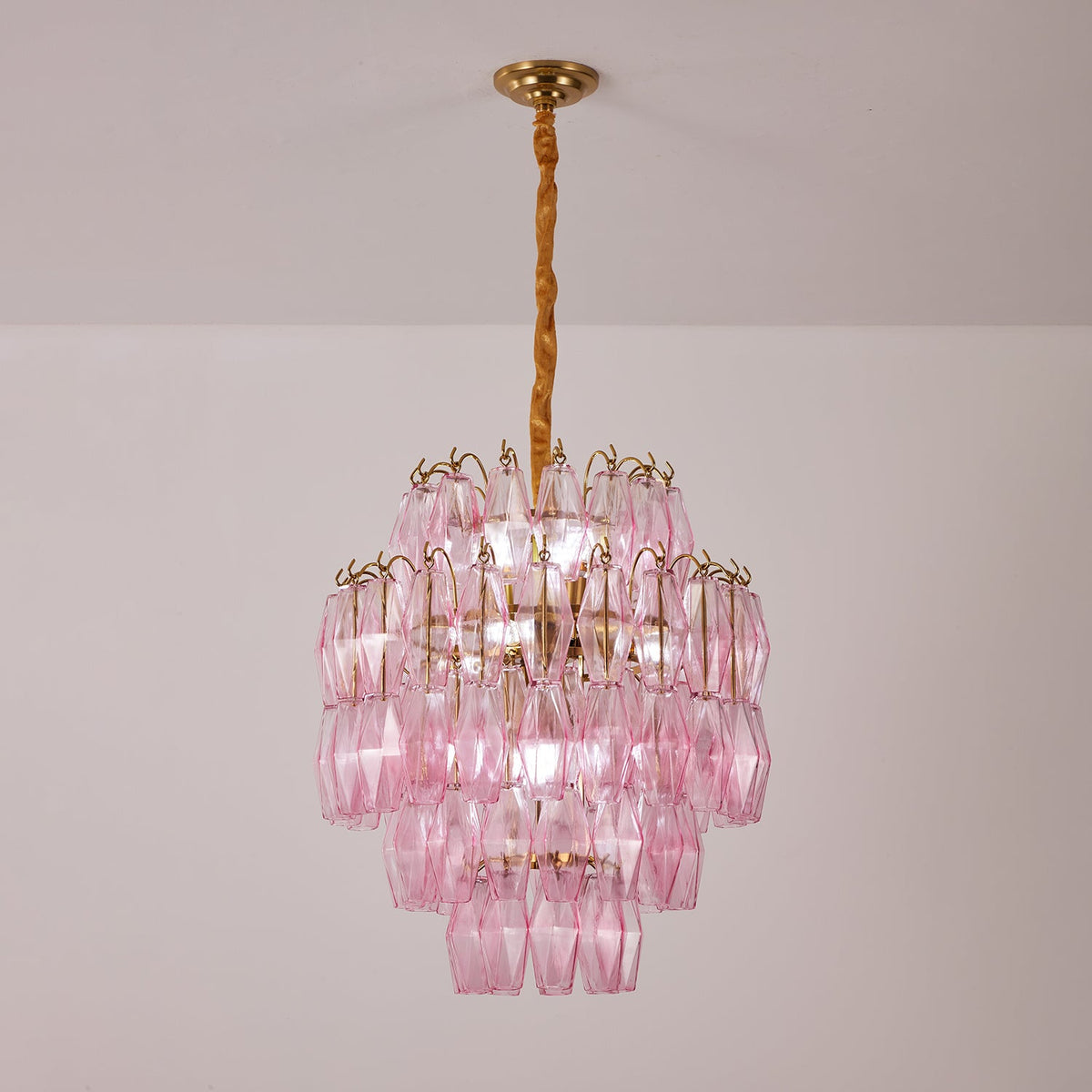 Pink Glass Prism Chandelier in Brass with Hand-Blown Triedri Glass