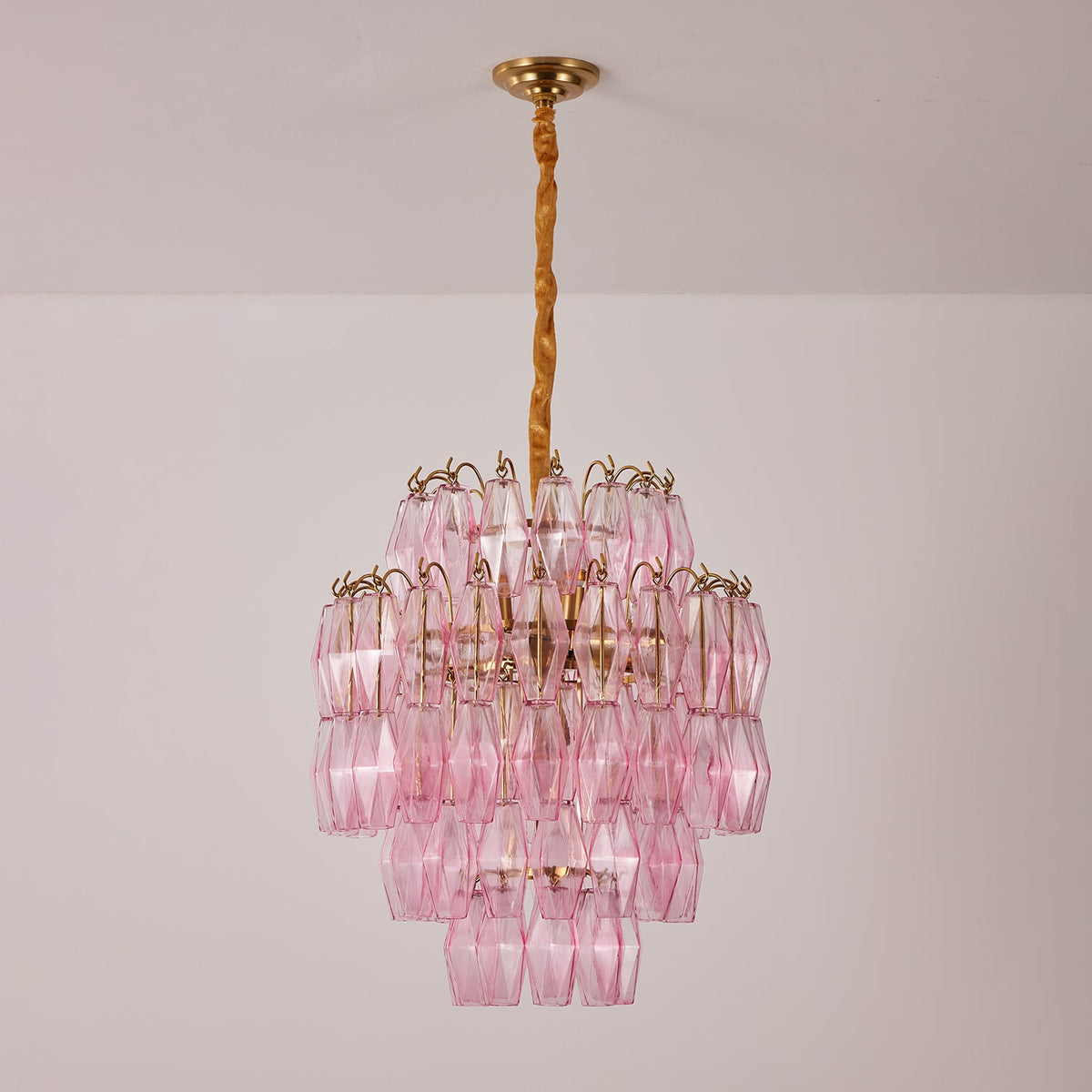 Pink Glass Prism Chandelier in Brass with Hand-Blown Triedri Glass