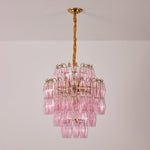 Pink Glass Prism Chandelier in Brass with Hand-Blown Triedri Glass
