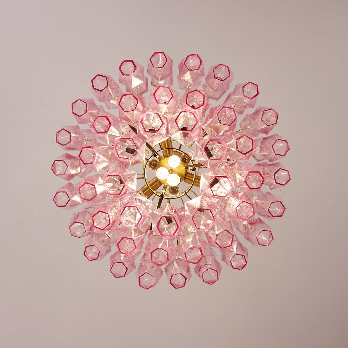 Pink Glass Prism Chandelier in Brass with Hand-Blown Triedri Glass