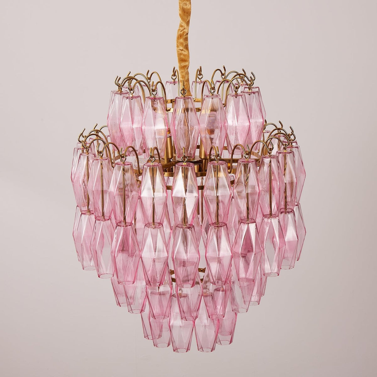 Pink Glass Prism Chandelier in Brass with Hand-Blown Triedri Glass