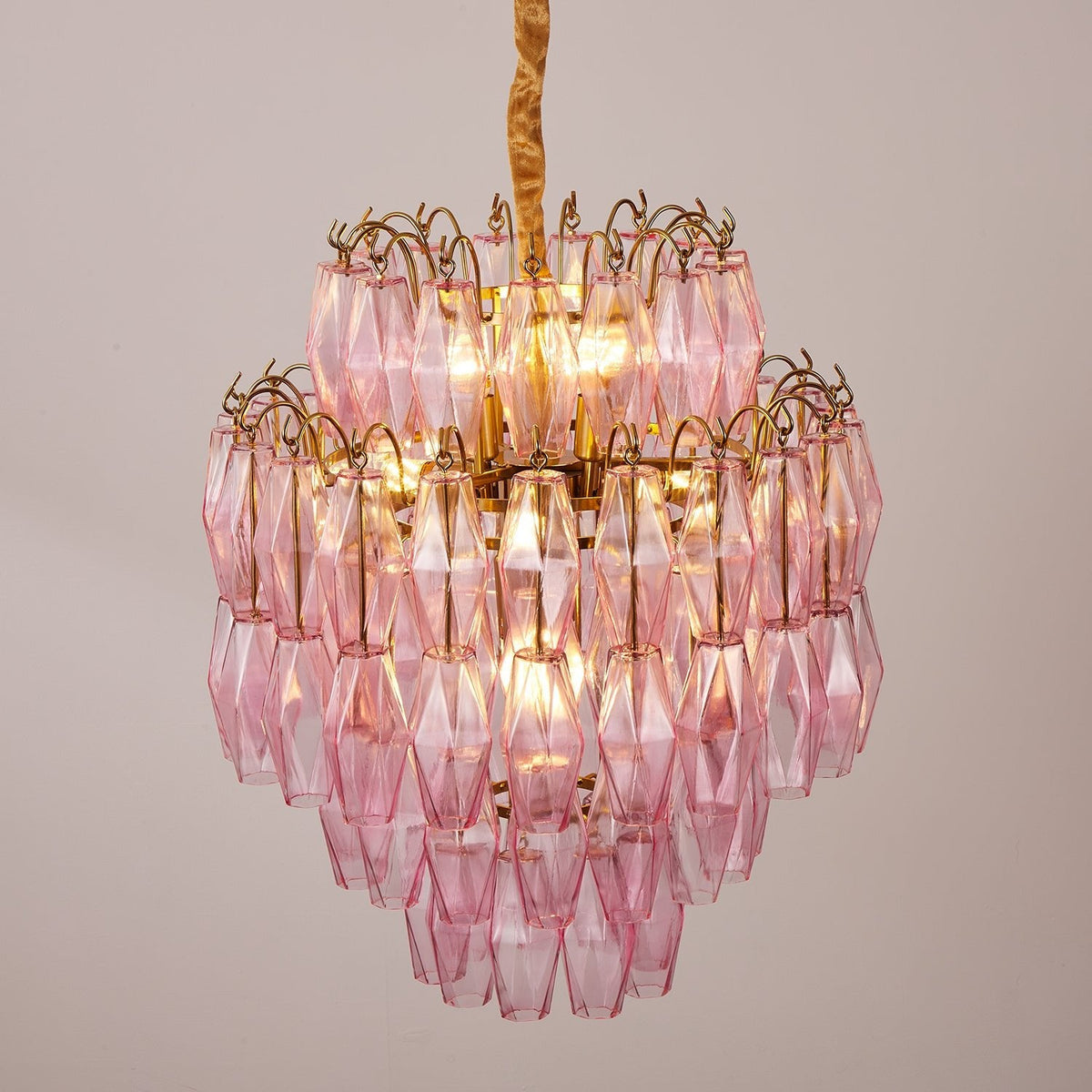 Pink Glass Prism Chandelier in Brass with Hand-Blown Triedri Glass