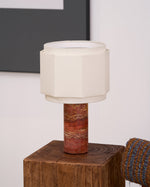 Terra Hexa Table Lamp – Red Travertine & Fabric Hexagonal Shade