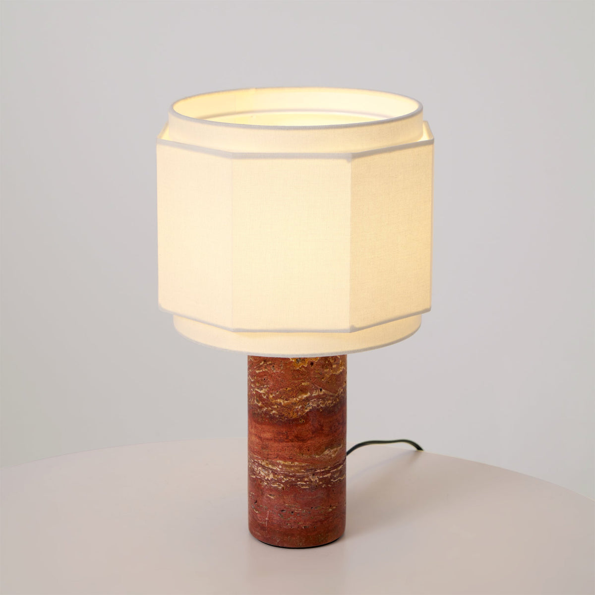 Terra Hexa Table Lamp – Red Travertine & Fabric Hexagonal Shade