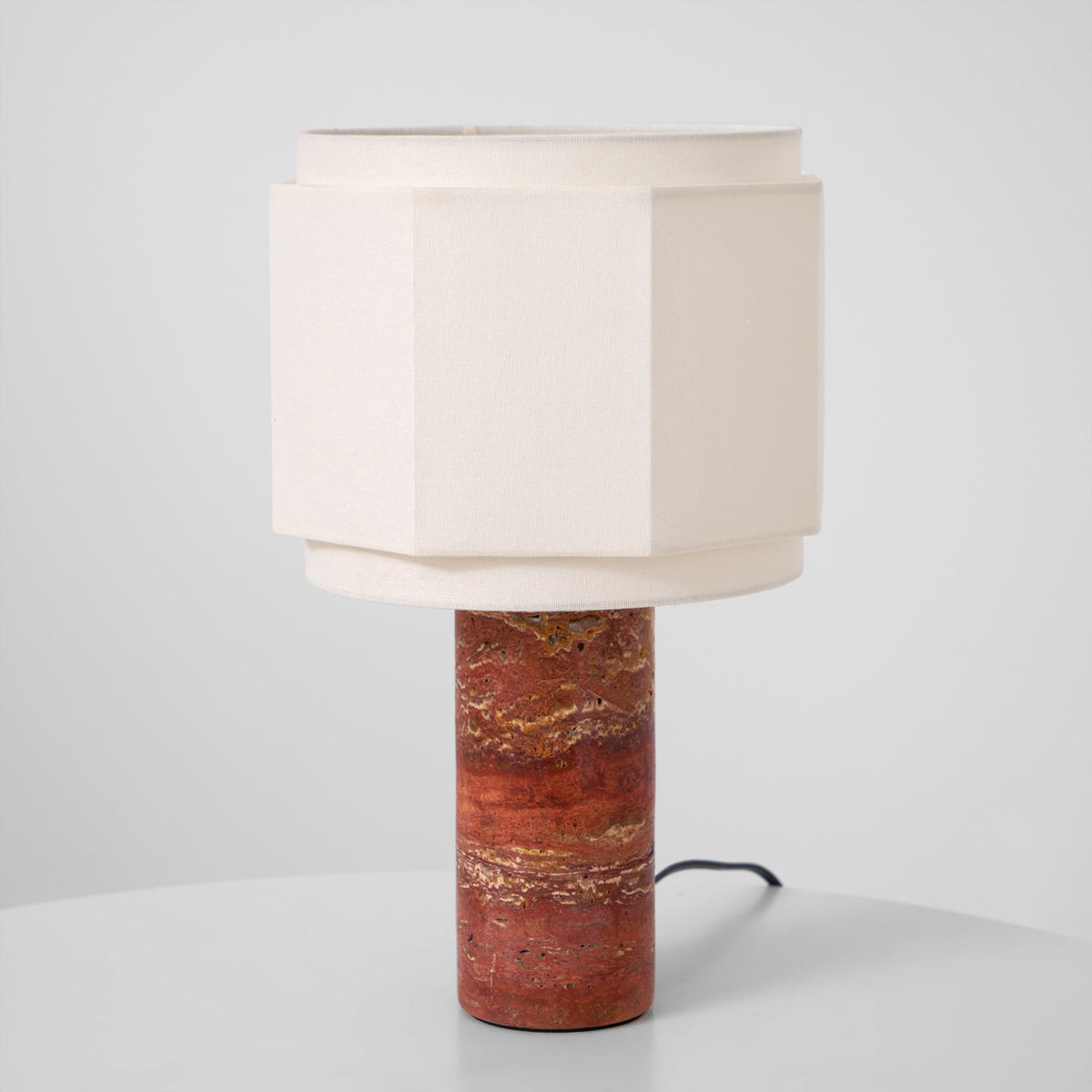 Terra Hexa Table Lamp – Red Travertine & Fabric Hexagonal Shade