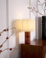 Terra Hexa Table Lamp – Red Travertine & Fabric Hexagonal Shade