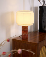 Terra Hexa Table Lamp – Red Travertine & Fabric Hexagonal Shade