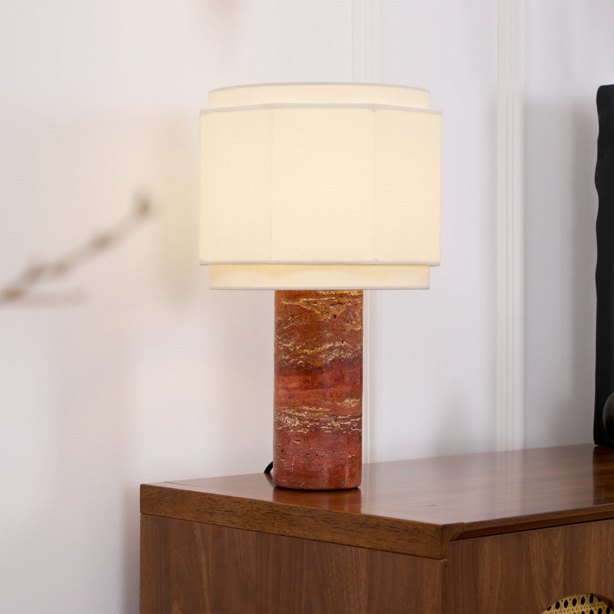 Terra Hexa Table Lamp – Red Travertine & Fabric Hexagonal Shade