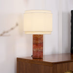 Terra Hexa Table Lamp – Red Travertine & Fabric Hexagonal Shade