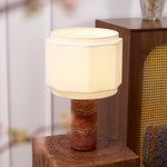 Terra Hexa Table Lamp – Red Travertine & Fabric Hexagonal Shade