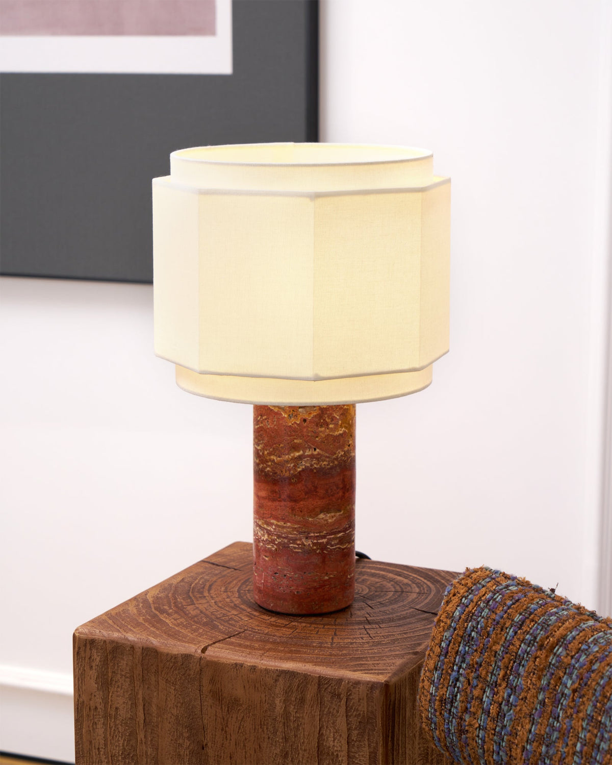 Terra Hexa Table Lamp – Red Travertine & Fabric Hexagonal Shade