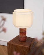 Terra Hexa Table Lamp – Red Travertine & Fabric Hexagonal Shade