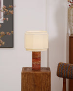 Terra Hexa Table Lamp – Red Travertine & Fabric Hexagonal Shade