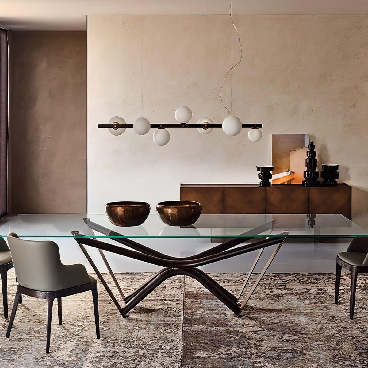 Planeta Linear Pendant Light in Brass and Glass for Kitchen Island and Dining Room