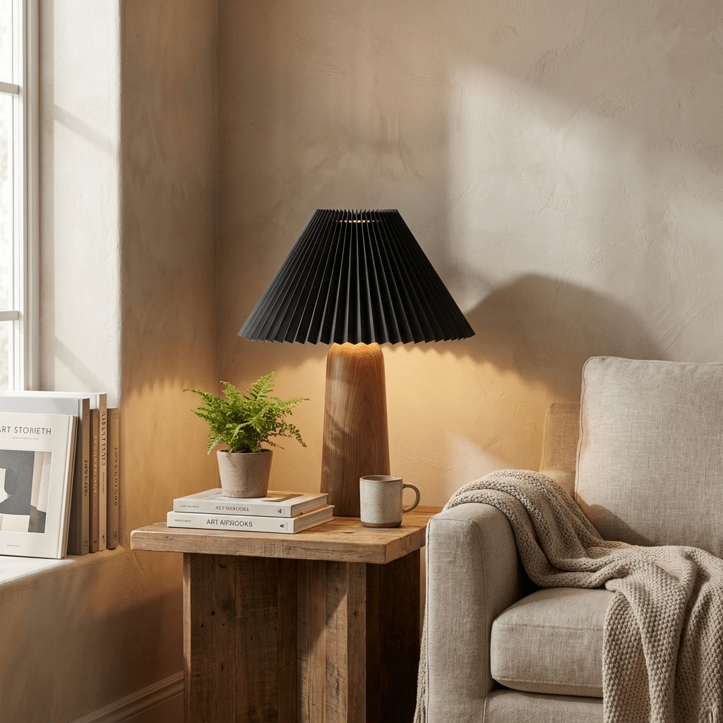 Pleara Sculpted Wood Table Lamp with Pleated Fabric Shade