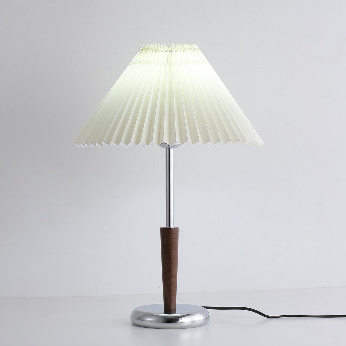Lynnea Pleated Table Lamp in Chrome & Walnut – Modern Designer Bedside Lighting
