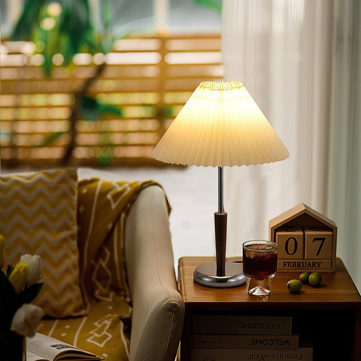 Lynnea Pleated Table Lamp in Chrome & Walnut – Modern Designer Bedside Lighting