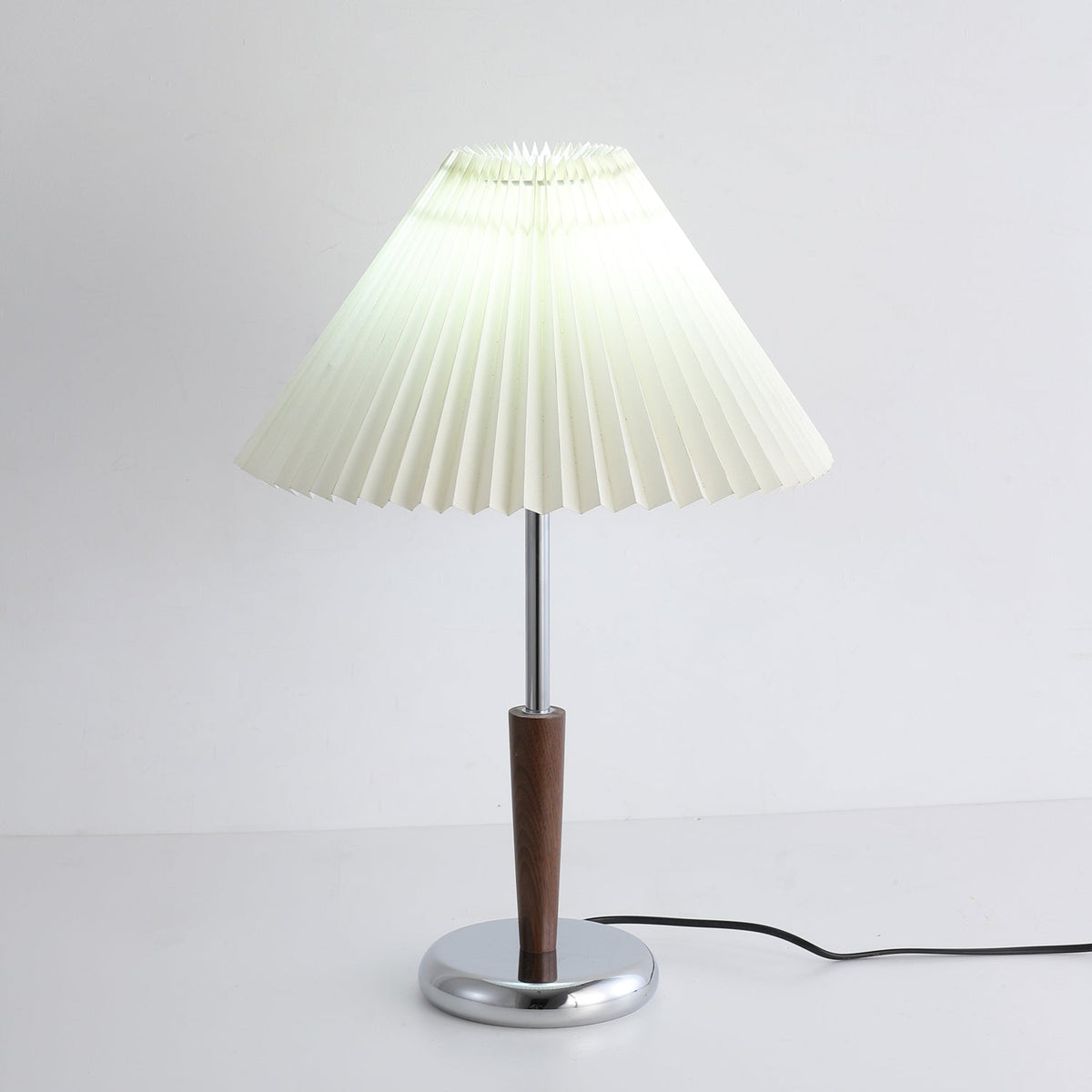 Lynnea Pleated Table Lamp in Chrome & Walnut – Modern Designer Bedside Lighting