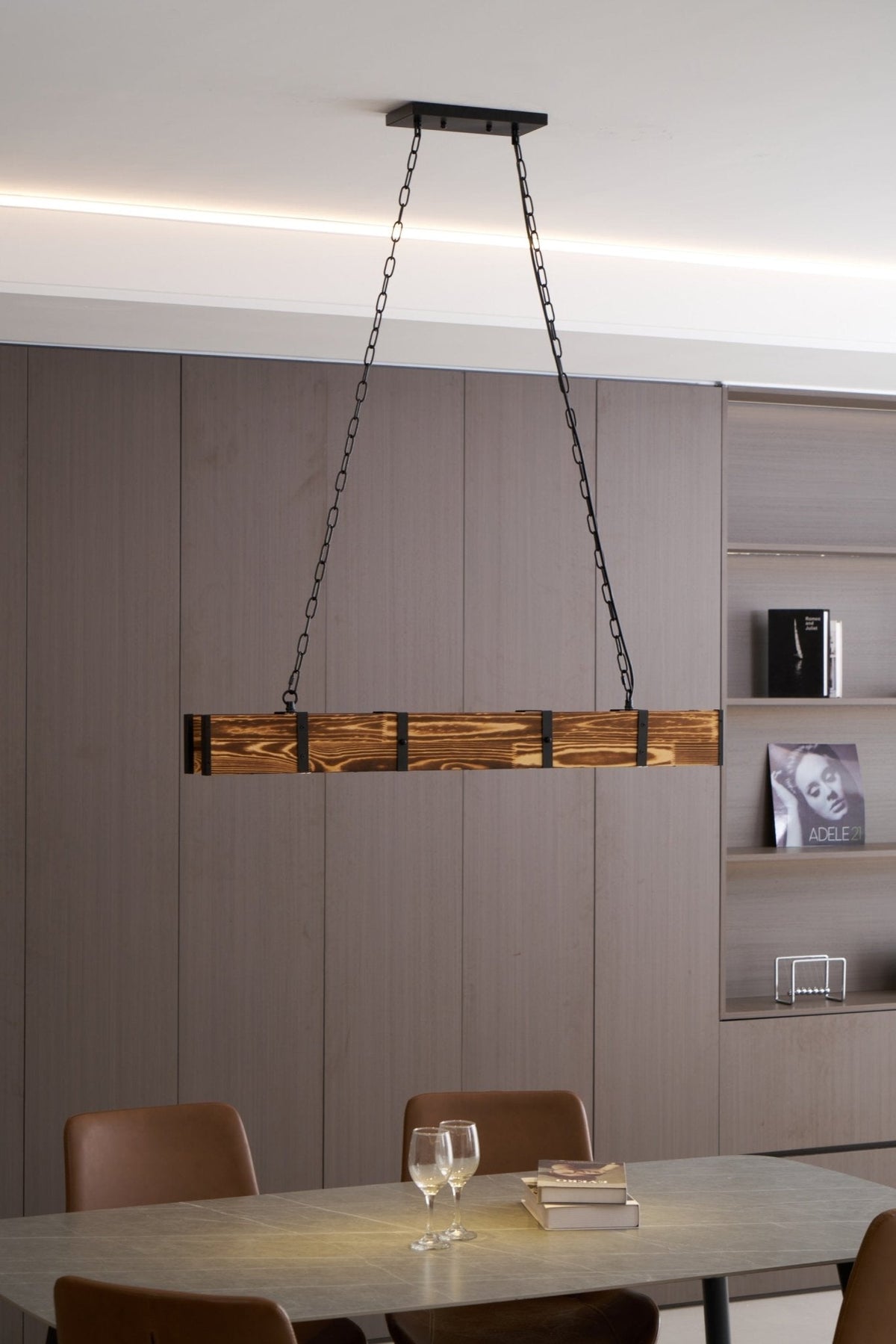 Pleva Linear Wood LED Chandelier, Modern Farmhouse Kitchen Island Light