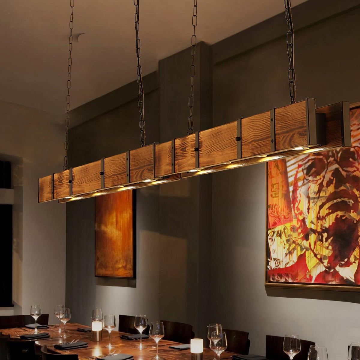 Pleva Linear Wood LED Chandelier, Modern Farmhouse Kitchen Island Light