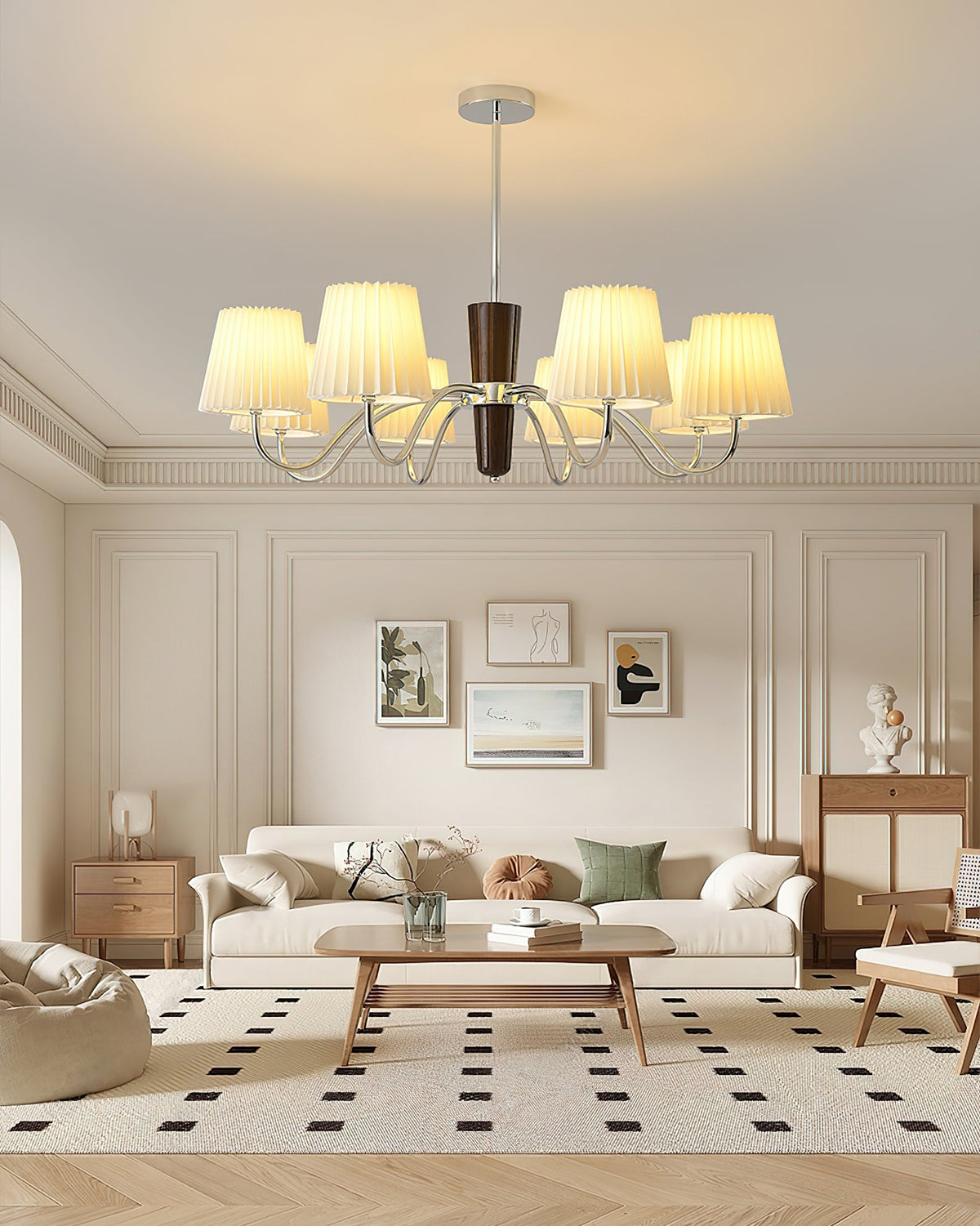 Plisse Fabric Chandelier with White Oak Accents for Dining Room and Living Room