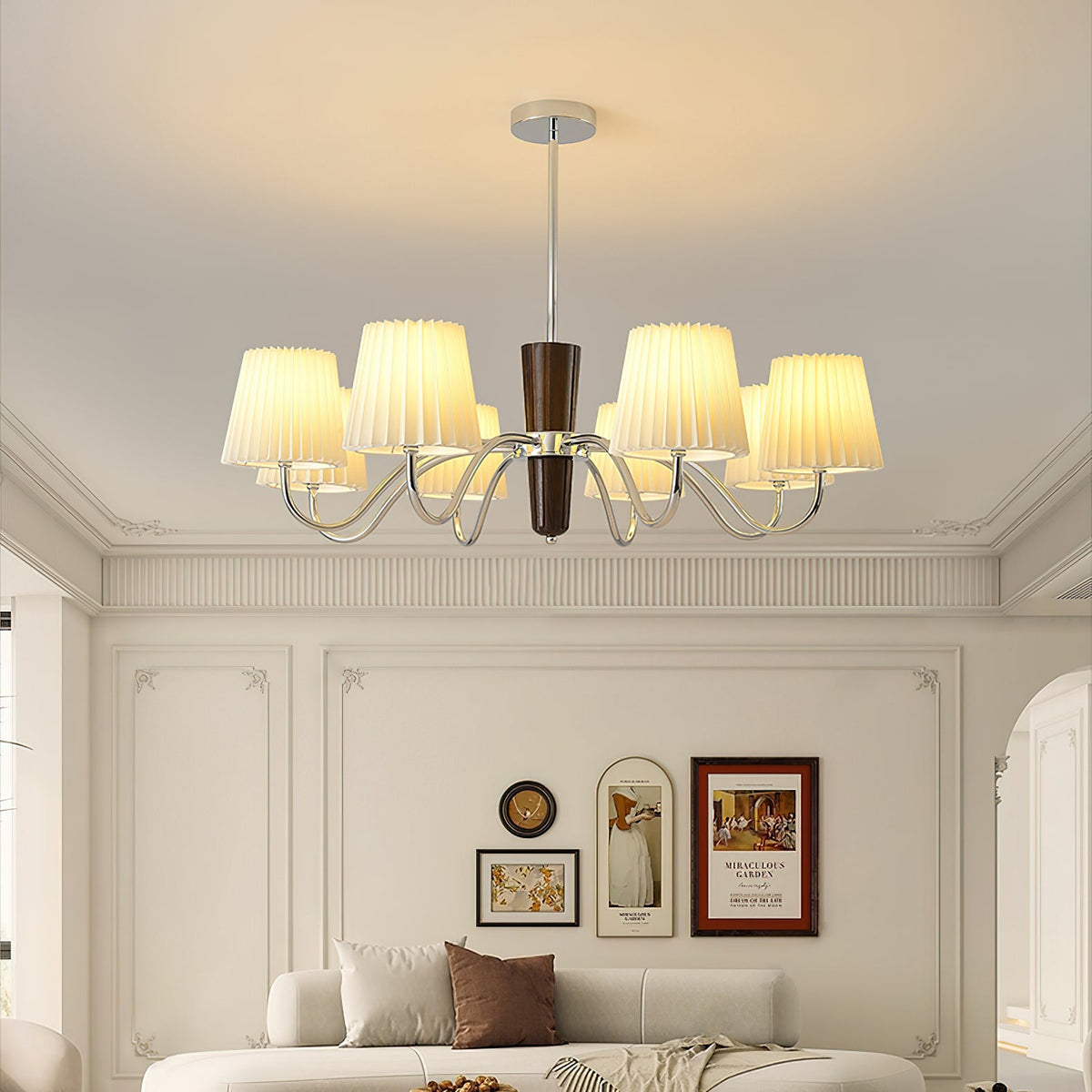 Plisse Fabric Chandelier with White Oak Accents for Dining Room and Living Room