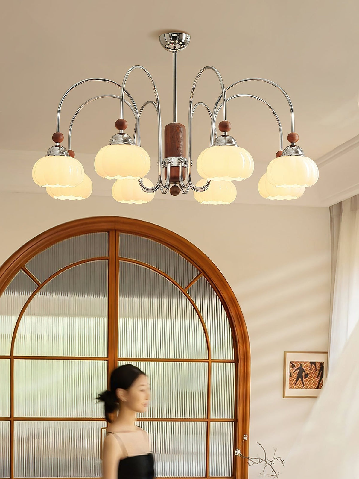 Pomona Sculptural Glass Chandelier with Chrome and Wood Accents