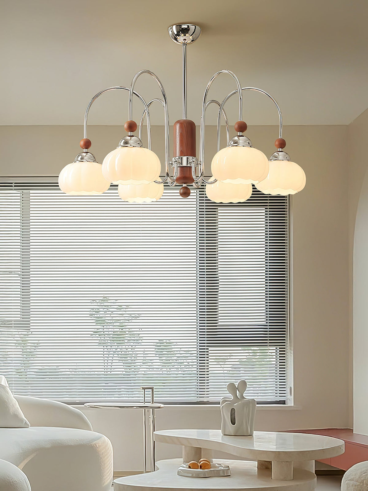 Pomona Sculptural Glass Chandelier with Chrome and Wood Accents