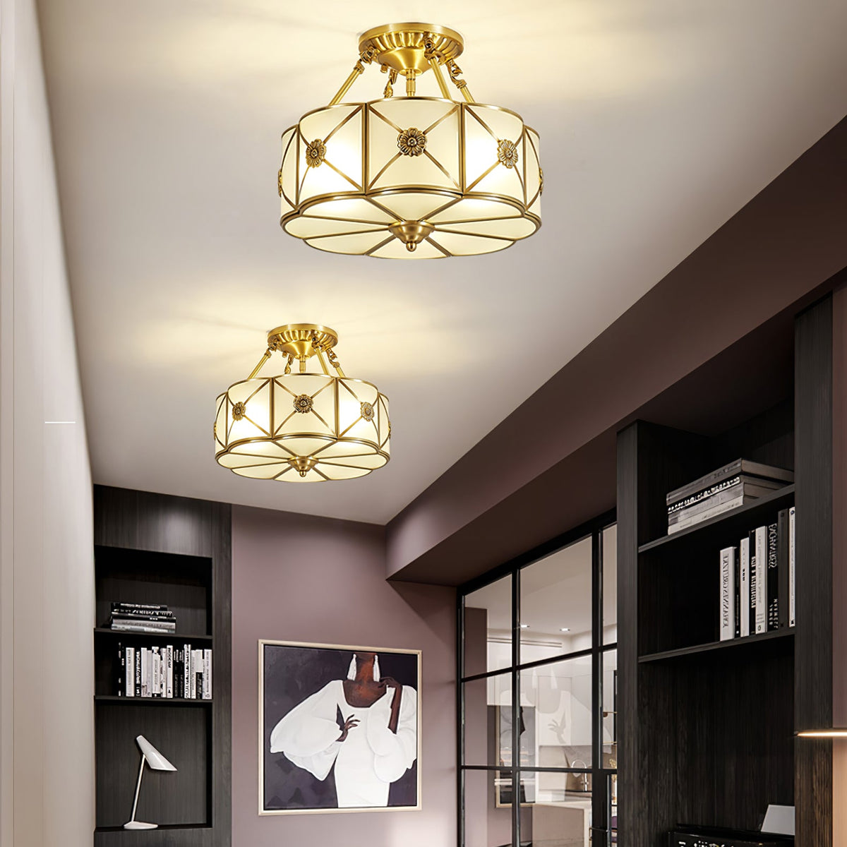 Preston Brass Flush Mount Ceiling Light with Frosted Glass Shade