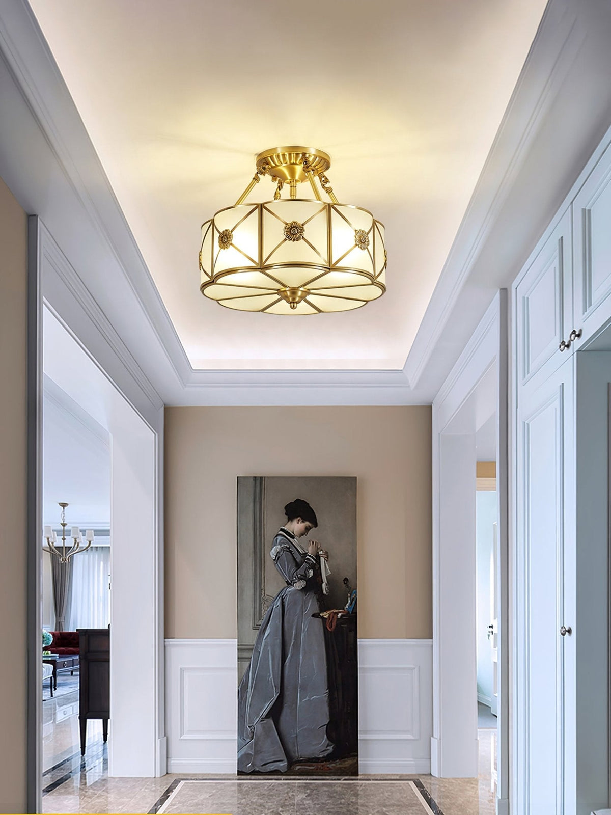 Preston Brass Flush Mount Ceiling Light with Frosted Glass Shade