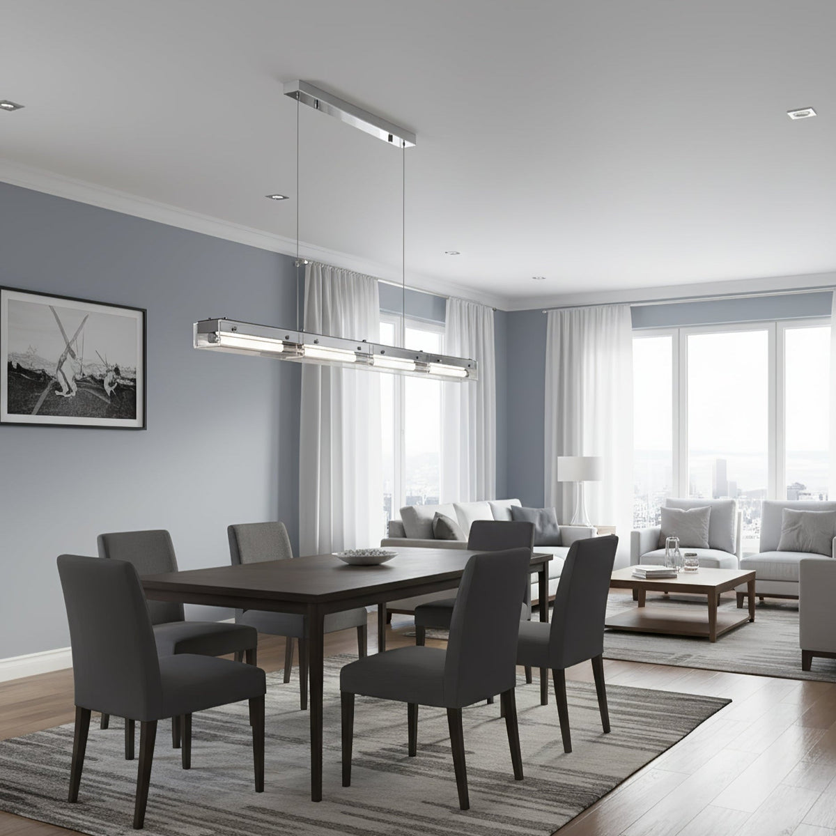 Prism Line Linear LED Pendant Light, Modern Minimalist Metal and Acrylic Chandelier