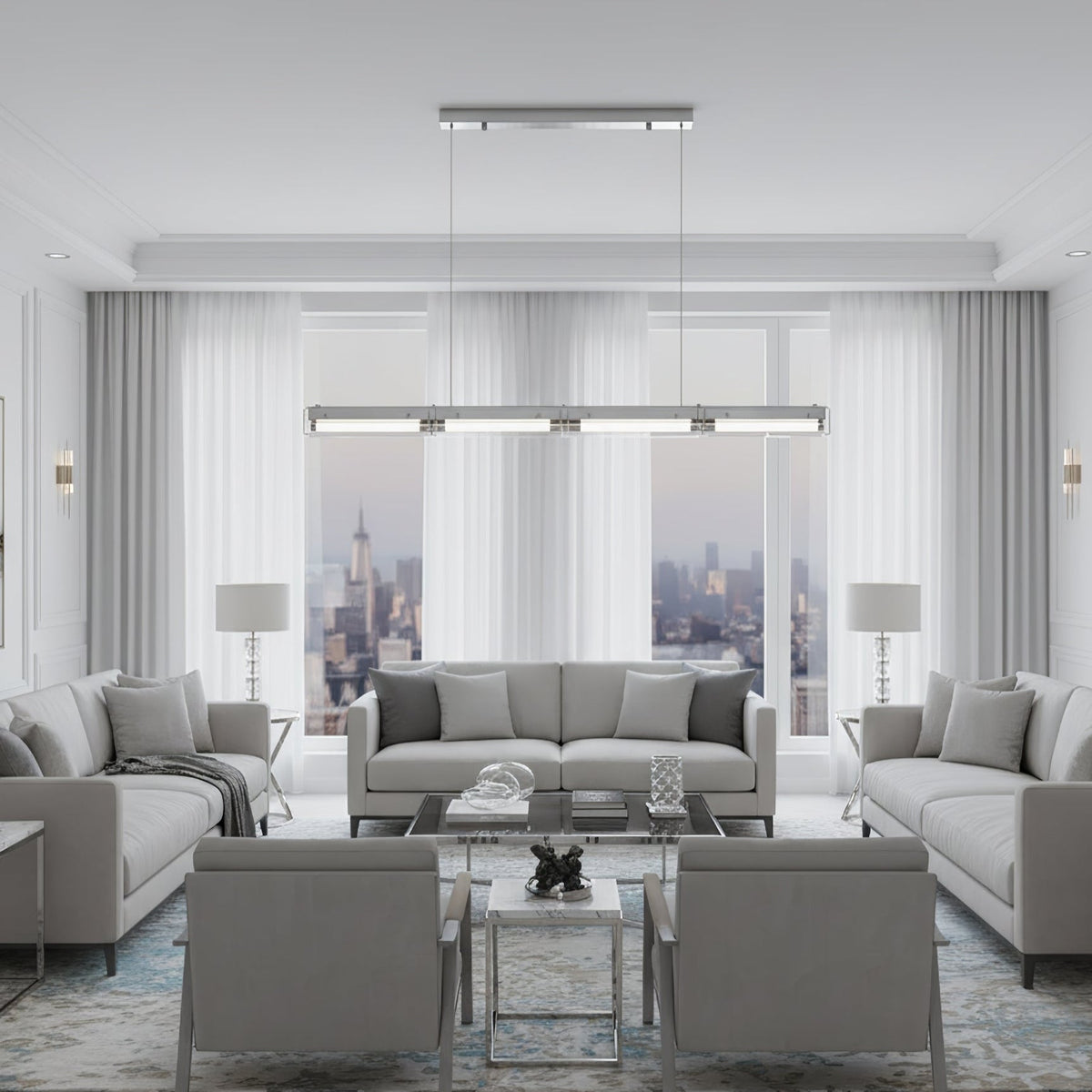 Prism Line Linear LED Pendant Light, Modern Minimalist Metal and Acrylic Chandelier