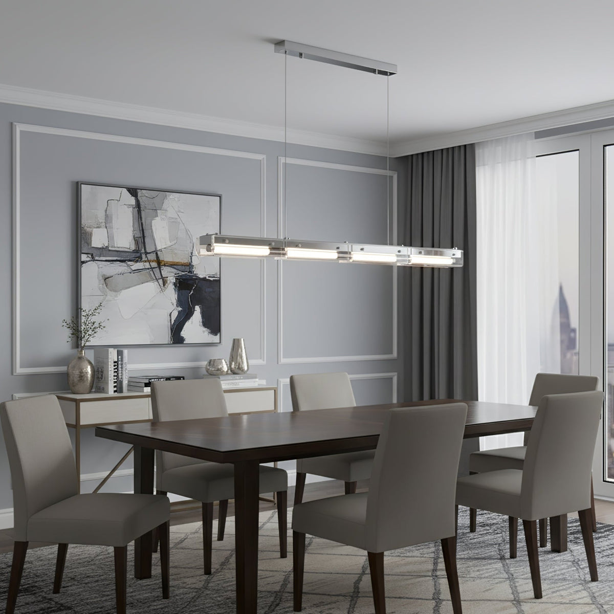 Prism Line Linear LED Pendant Light, Modern Minimalist Metal and Acrylic Chandelier