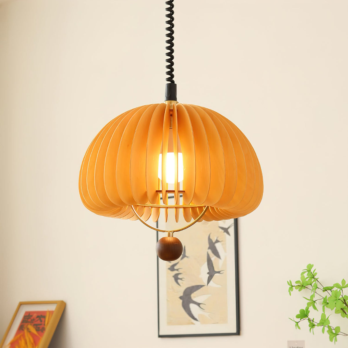Pumpkin Adjustable Pendant Light – Modern Wood & Metal Hanging Lamp
