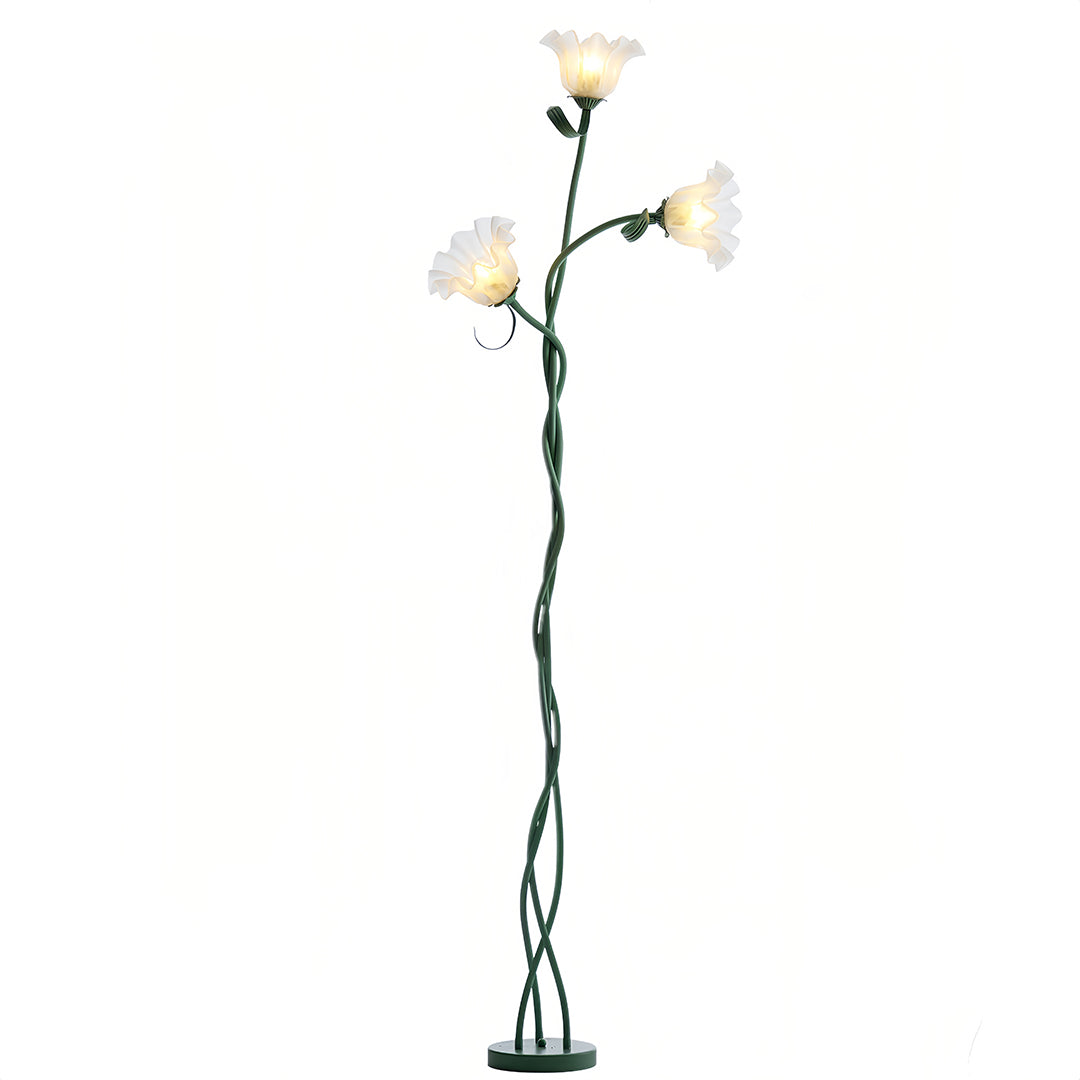 French Country Green Iron Flower Floor Lamp with Clear Glass Shades