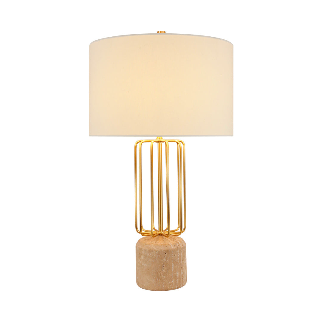 Nordic Geometric Cage Table Lamp with Limestone Base and Fabric Shade