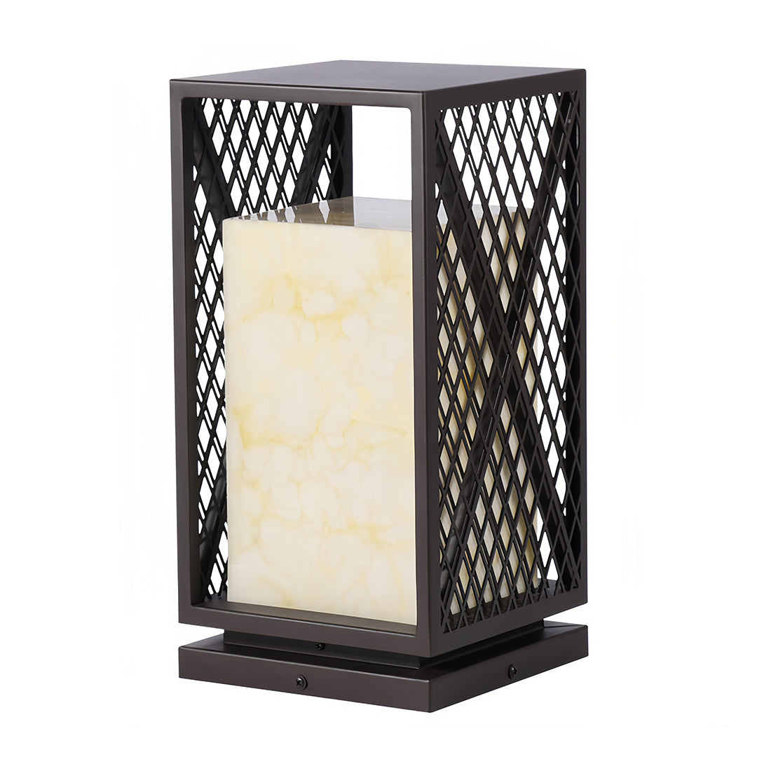 Black Outdoor Floor Lantern with Marble-Textured Shade, IP65 Waterproof Bollard Light