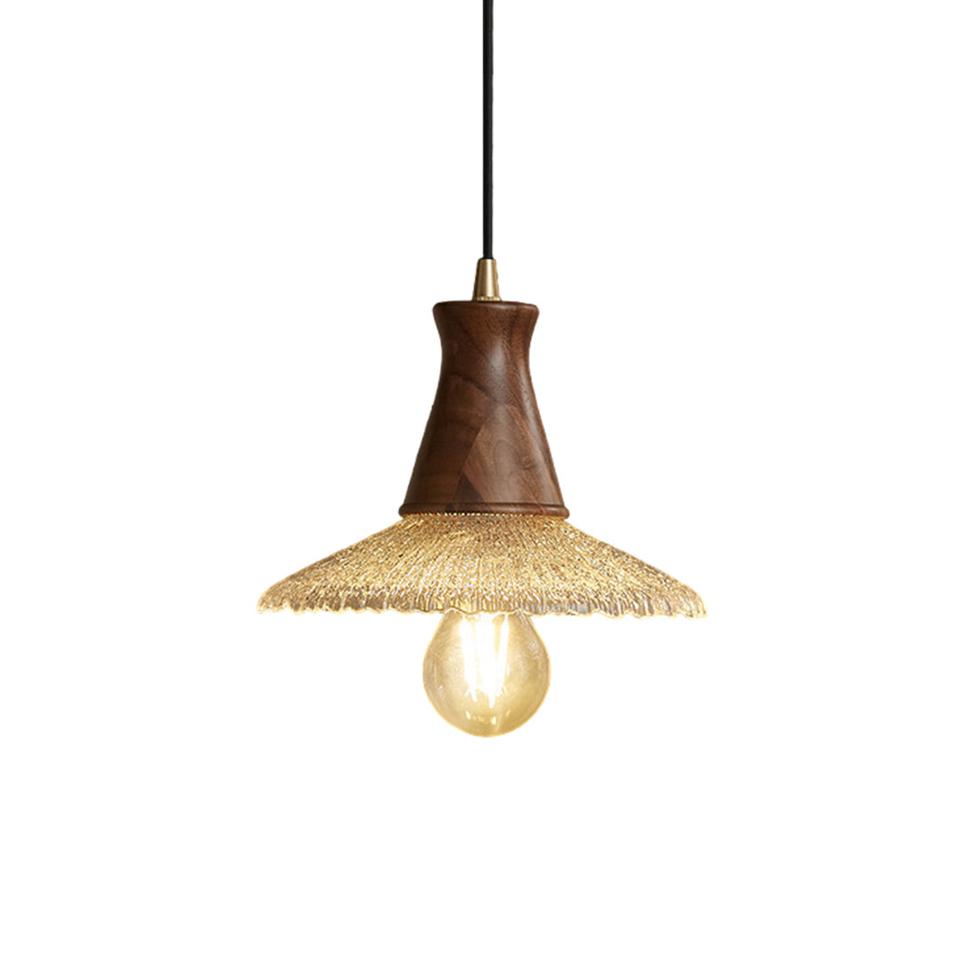 Walnut Wood Pendant Light with Brass Accents and Glass Shade