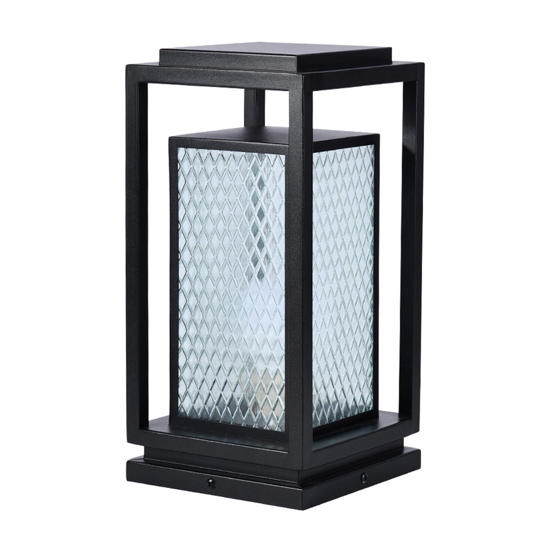 Industrial Outdoor Glass Lantern Bollard Light, Weatherproof Black Square Lawn Lamp