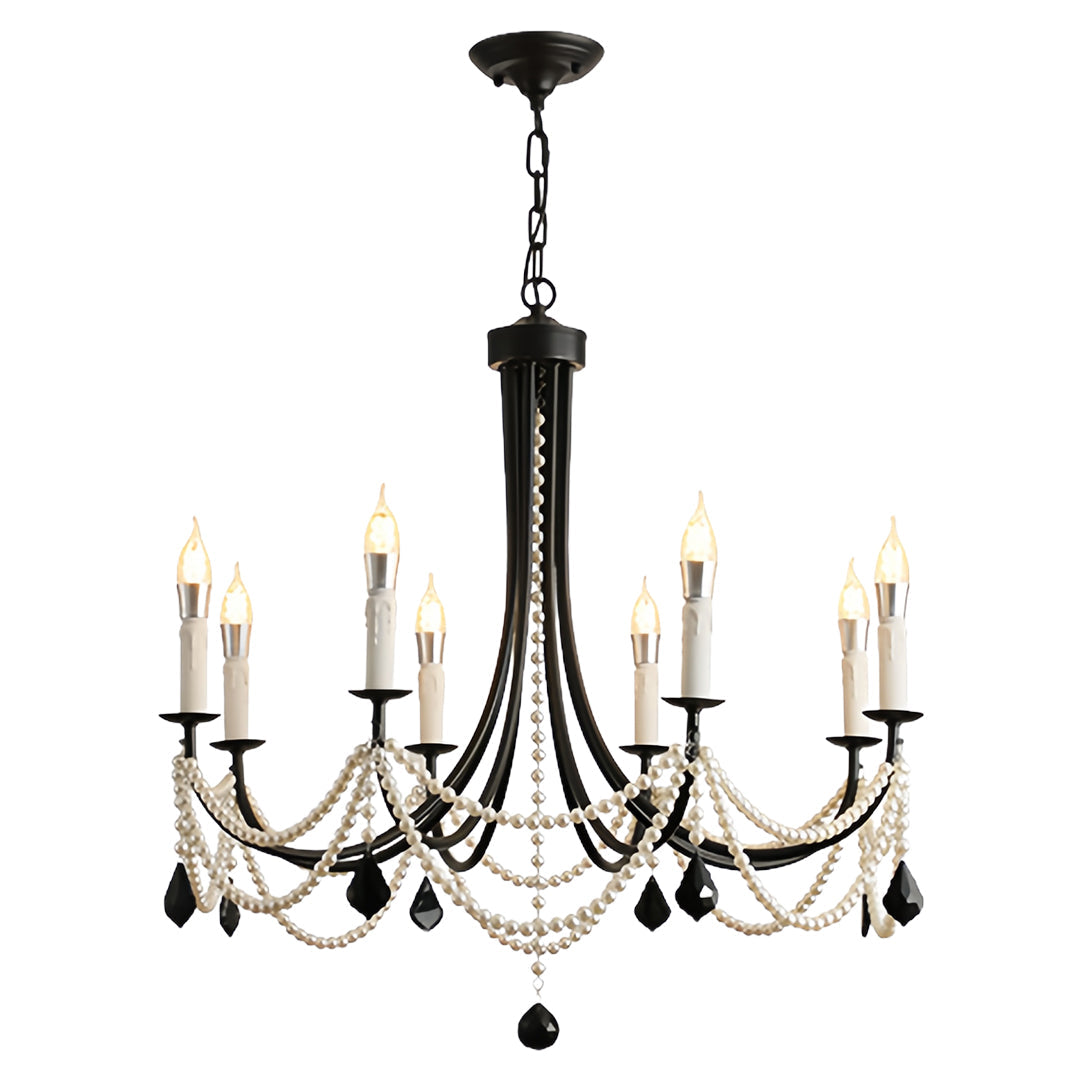 Pearl Crystal Chandelier in Black Iron – Artistic Ceiling Light for Elegant Interiors