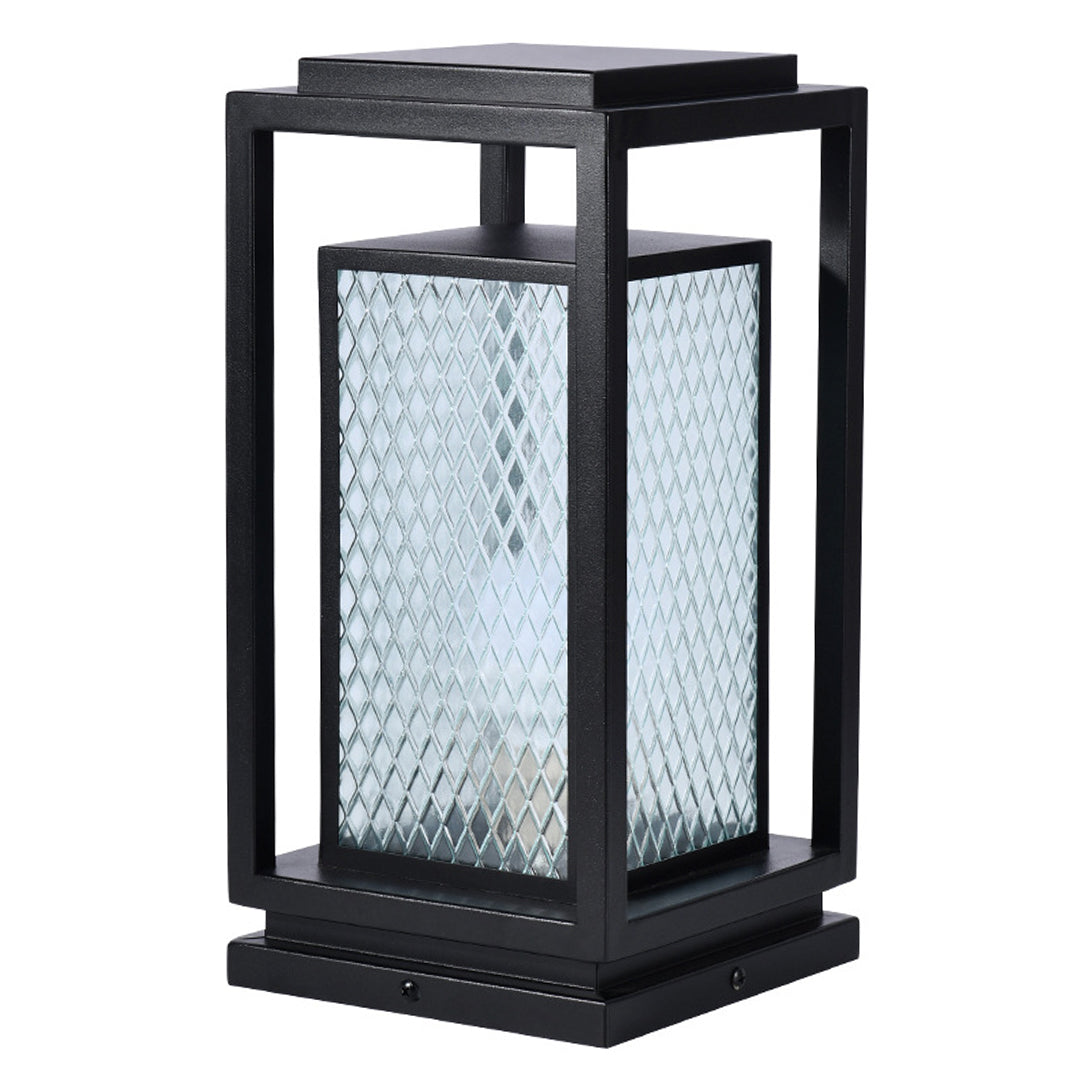 Industrial Outdoor Glass Lantern Bollard Light, Weatherproof Black Square Lawn Lamp