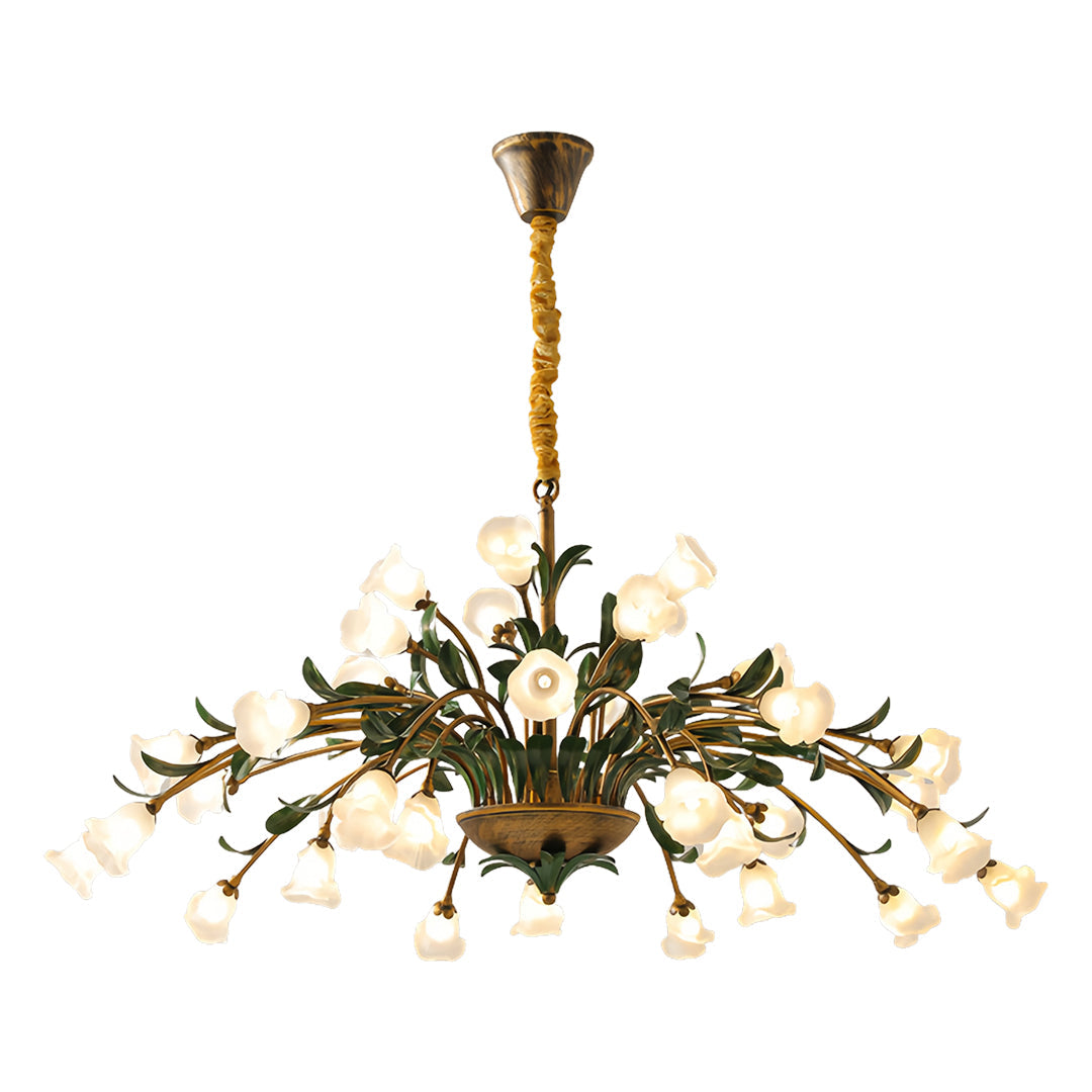 Vintage French Country Floral Iron Chandelier with Glass Shades