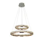 Gold Crystal Chandelier with Brass Wall Sconces and Recessed LED Lights