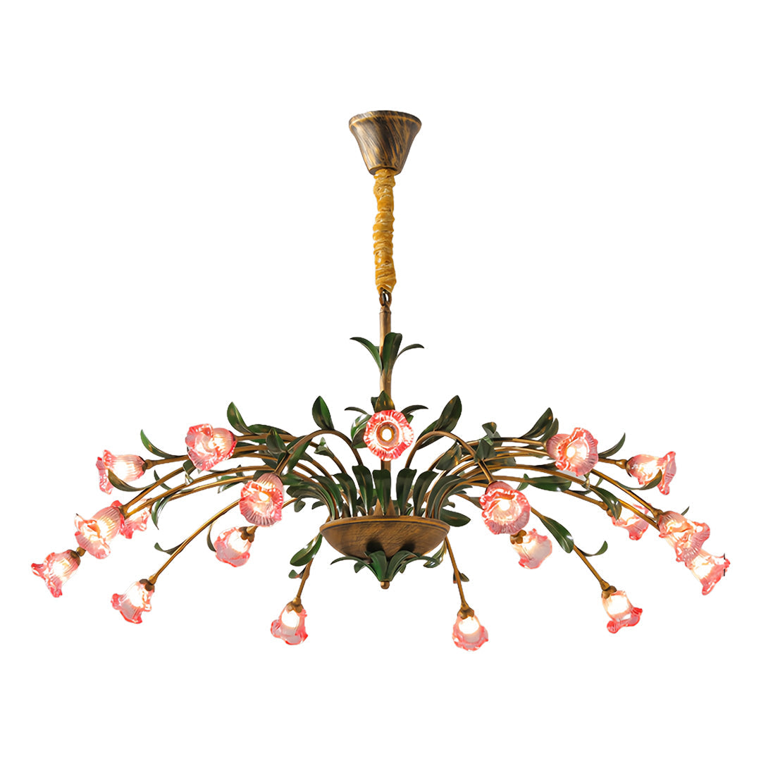 Vintage French Country Floral Iron Chandelier with Glass Shades
