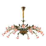 Vintage French Country Floral Iron Chandelier with Glass Shades