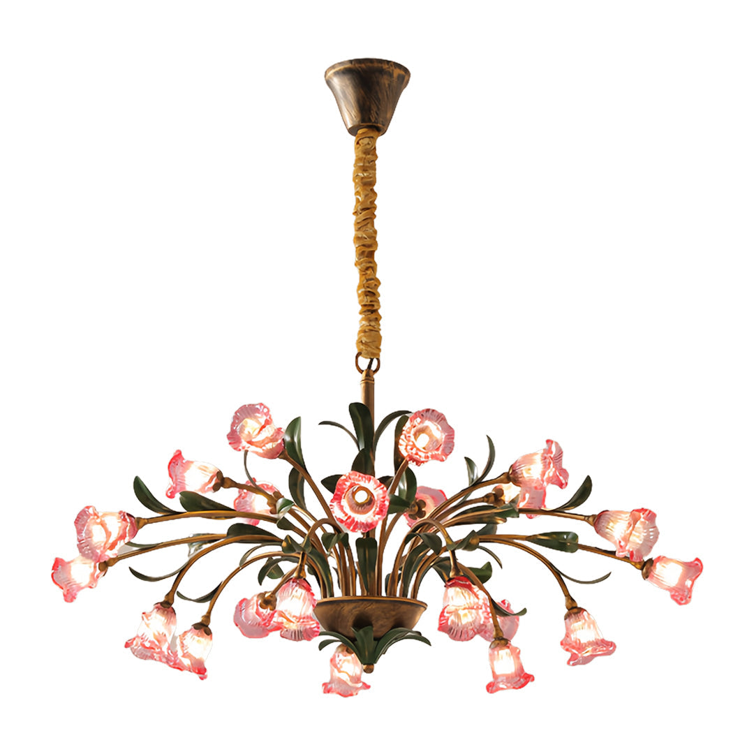 Vintage French Country Floral Iron Chandelier with Glass Shades