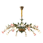 Vintage French Country Floral Iron Chandelier with Glass Shades