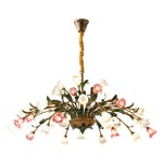 Vintage French Country Floral Iron Chandelier with Glass Shades